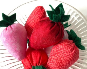 6 fabric strawberries with green felt leaves