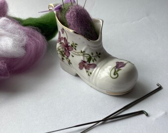 Needle felt boot shoe pin cushion china purple floral green