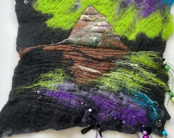 Wet felted picture West Iceland kirkjufell Northern Lights embroidered panel