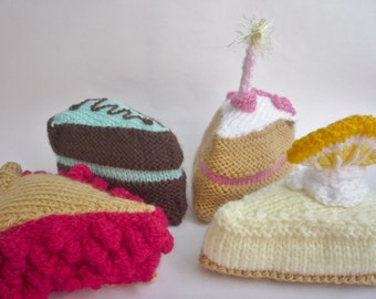 sweet treats KNITTING PATTERN pdf for slice of cherry pie, birthday cake, chocolate cake & cheesecake