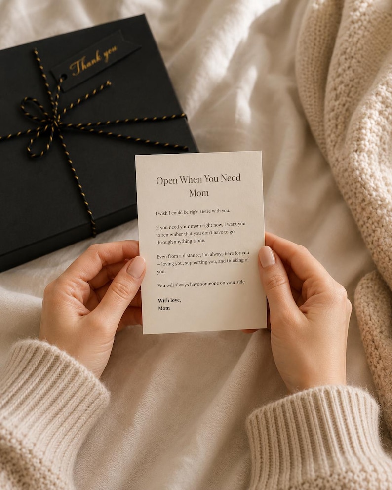 May include: A black gift box tied with gold and black twine, with a "Thank you" tag. A card that reads "Open When You Need Mom" is held in front of the box. The card contains a message from Mom.