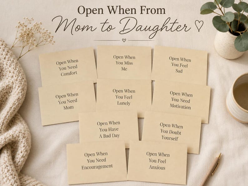 May include: A collection of beige cards with handwritten text, arranged on a neutral surface. The cards read "Open When" followed by various emotional prompts, such as "You Need Comfort" and "You Feel Sad." The phrase "Open When From Mom to Daughter" is at the top.