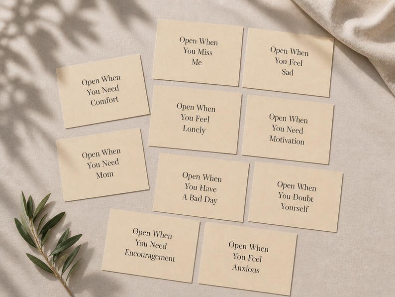 May include: A collection of beige cards with black text, arranged on a neutral surface. Each card reads "Open When" followed by a specific emotion or need, such as "Comfort," "Sad," or "Motivation." A sprig of greenery is visible.