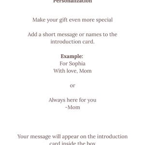 May include: White background with text about gift personalization. The text reads "Personalization", "Make your gift even more special", and "Add a short message or names to the introduction card."