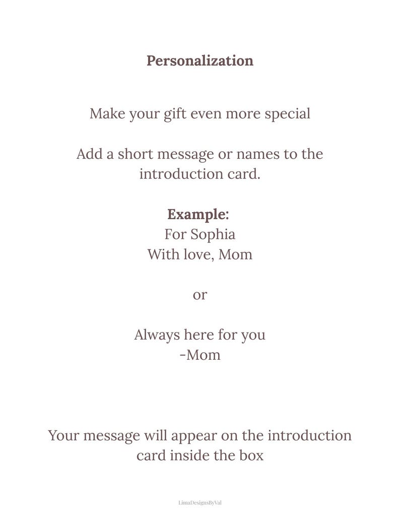 May include: White background with text about gift personalization. The text reads "Personalization", "Make your gift even more special", and "Add a short message or names to the introduction card."