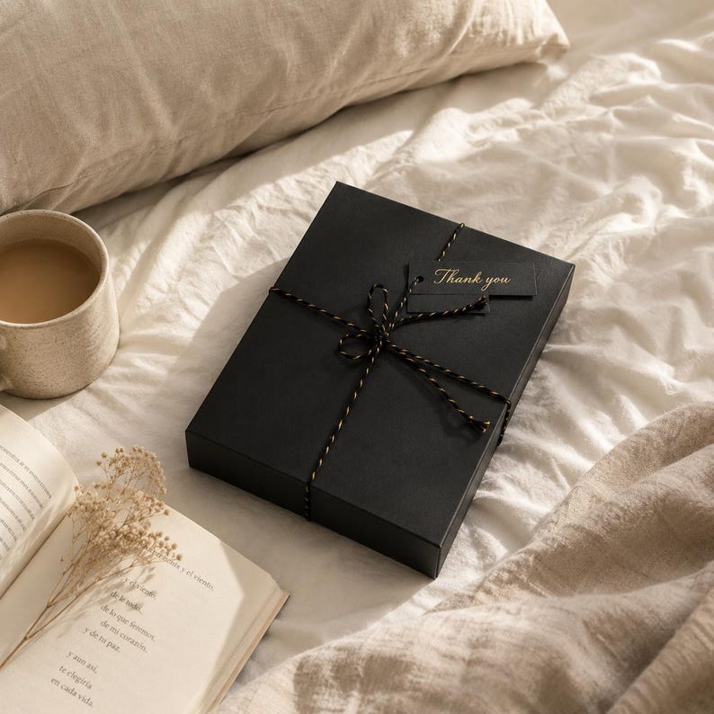 May include: A black gift box tied with black and gold twine, with a small tag that reads "Thank you." The box is on a white bedspread, with a cup of coffee and an open book nearby. The scene has a cozy, inviting feel.