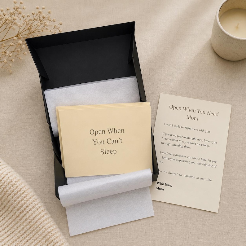 May include: A black gift box with a stack of cream-colored cards, one labeled "Open When You Can't Sleep." A separate card reads "Open When You Need Mom" with a handwritten message. The box is open, revealing tissue paper.