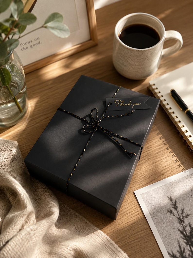 May include: A black gift box tied with black and gold twine, with a small "Thank you" tag. A mug of coffee, a notebook, and a pen are on a wooden surface. A framed picture and a vase with greenery are also present.