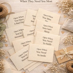 May include: A collection of "Open When" letters, a meaningful gift, arranged on a wooden surface. The cards are cream-colored with various prompts like "Open When You're Stressed" and "Open When You Need to Smile." Decorative elements include twine, small gift boxes, and dried flowers.
