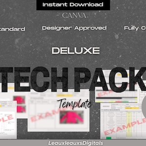 May include: A digital product advertisement for a "DELUXE TECH PACK" template, featuring the text "Instant Download" and "CANVA." The image includes examples of the template's pages, with the text "EXAMPLE" and "15+ Pages."