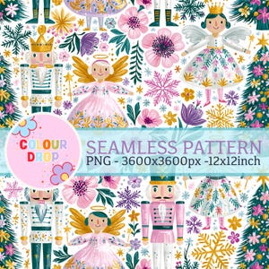 Op de afbeelding: Een naadloos patroon met illustraties van notenkrakers, engelen met gouden vleugels, kerstbomen, roze bloemen en gouden sneeuwvlokken op een witte achtergrond. De afbeelding bevat de tekst COLOUR DROP SEAMLESS PATTERN PNG - 3600x3600px - 12x12inch.