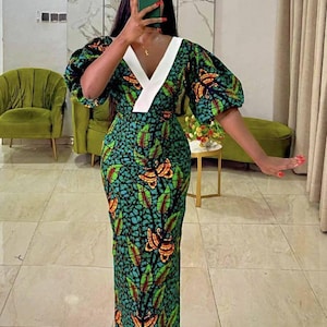 AFRICAN PRINT DRESS,Ankara Dress, Church dress Cotton AfricanFabric Long short sleeve,African Print Dress Party Dress,special Occasion Dress