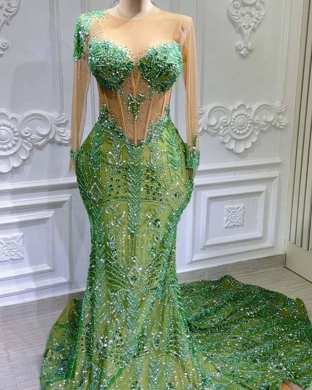 Green Mermaid Prom Green Bling Dress Custom Party Dress,wedding Dress,churchdress,bridesmaidsdress,african  Print Dress,