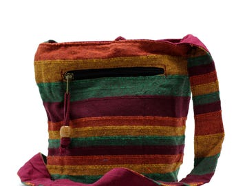 Boho Cotton Sling Bag – Handmade in Nepal, Striped Hippy Shoulder Bag