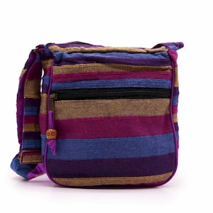 Handmade Cotton Boho Sling Bag – Striped Hippie Festival Bag - Adjustable Strap Purple