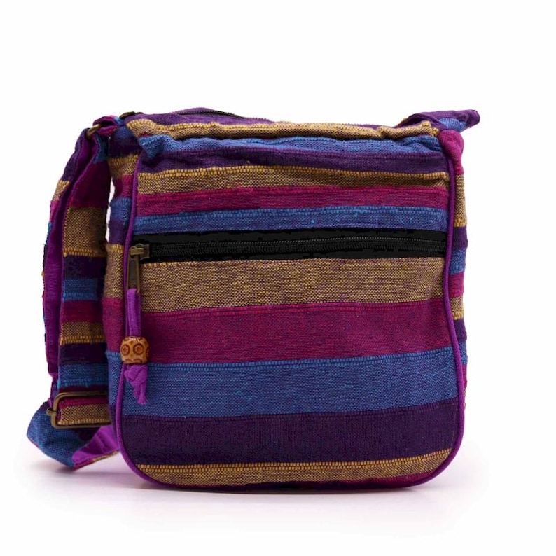 Handmade Cotton Boho Sling Bag – Striped Hippie Festival Bag - Adjustable Strap Purple