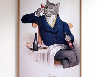 Vintage French Gentleman Cat Wine Poster, Winking Tabby Art (Digital Download)