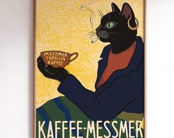 Vintage Black Cat Poster, Funny Coffee Art Print, Kaffee Messmer Parody, Retro German Ad, Smoking Cat Decor, Kitchen Wall Art, Digital