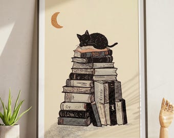 Katze auf Büchern Druck: Vintage Bibliothek Poster, Gemütliches Home Dekor (Digitaler Download)