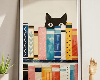 Schwarze Katze Print: Vintage Bibliothek Illustration (Digitaler Download)
