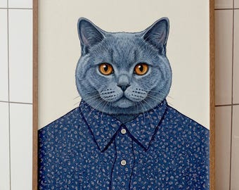 Britisch Kurzhaar Katzen Portrait, Anthropomorphe Blaue Katze, Paisley Shirt Art (Digitaler Download)