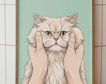 Fluffy Cat Squished Cheeks Print, Quirky Mint Green Retro Wall Art (Digital Download)