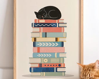 Black Cat on Books Print | Minimalist Literary Art (Digital Download)