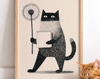 Póster de pared minimalista de estilo vintage con diseño de gato negro con libro y diente de león.