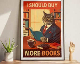 Funny Cat Poster Vintage Reading Artwork Printable Wall Decor Quirky Bookworm Gift Retro Illustration