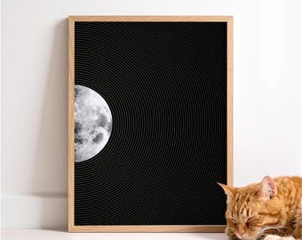 Moon Print | Geometric Celestial Poster | Golden Rings on Black | Minimalist Space Art | Modern Dark Wall Decor | Cosmic Ripples