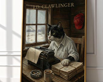 J.D. Clawlinger Art Print | Salinger Cat Portrait | Catcher in the Rye Gift | Literary Wall Art | Dark Academia Decor | Writer Cat Painting