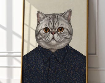 Exotic Shorthair Cat Portrait, Anthropomorphic Pet Art, Paisley Shirt Decor (Digital Download)