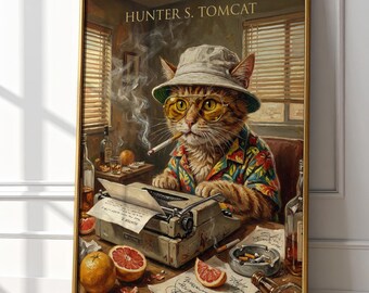 Hunter S. Tomcat Print | Gonzo Cat Art | Vintage Oil Painting Style | Funny Writer Gift | Retro Desert Vibes Wall Decor