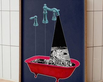Surreale Collage, rote Badewanne kosmische Wanddeko, rote Traumlandschaft, kosmischer Kunstdruck (digitaler Download)