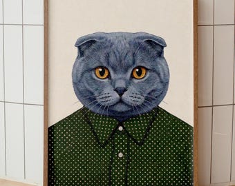 Scottish Fold Katzenportrait, Polka Dot Shirt Kunstdruck, Haustier Dekor (digitaler Download)