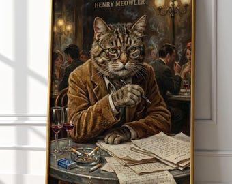 Henry Meowler Print | Bohemian Cat Art | Vintage Style Writer Portrait | Paris Cafe Decor | Literary Parody Gift | Scruffy Tabby