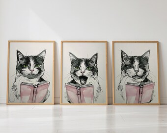 Cozy Cats Reading, Yawning, Sleeping - Set of 3 Prints (Digital Download)
