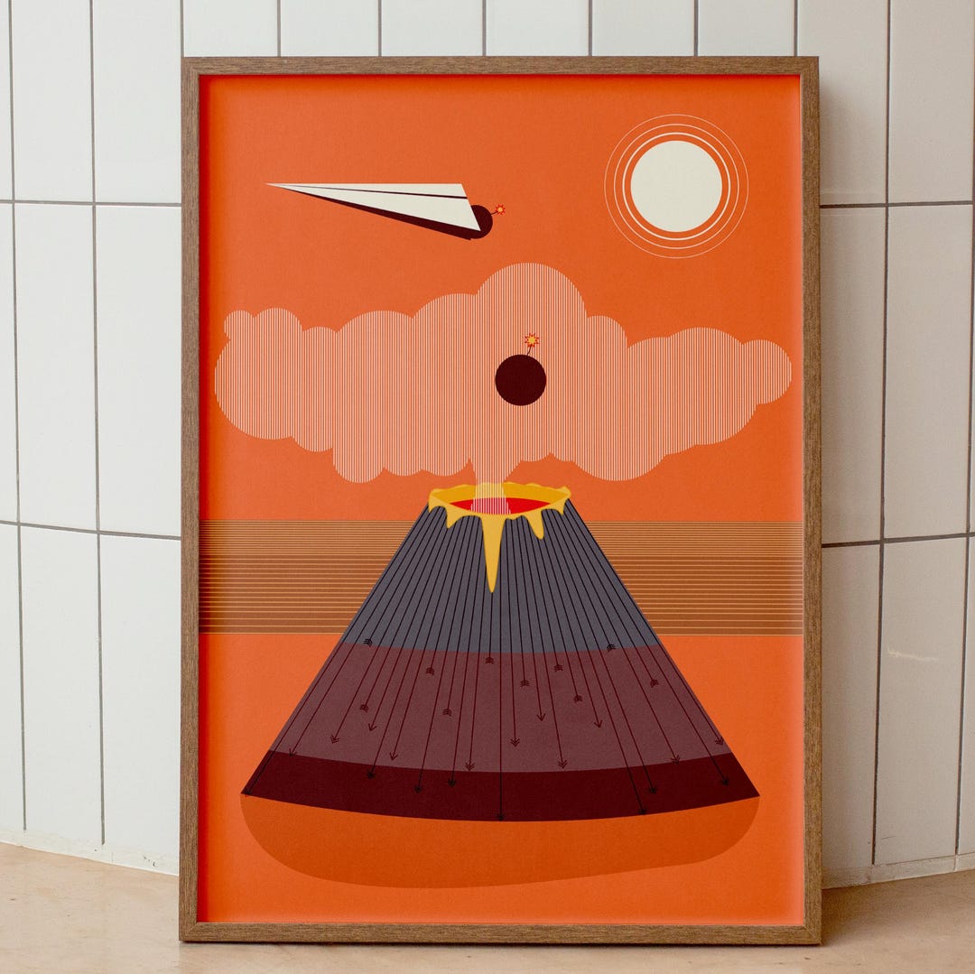 Volcano Geometric Minimalist Volcano Illustration Print, Surreal Geometric Landscape Art ...