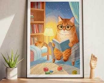Cat Reading to Kitten Nursery Print: Whimsical Bedtime Story Art (Digital Download)