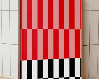 Abstrakte Streifen Poster, Schachbrett Muster, geometrische Kunst, rot rosa (Digitaler Download)