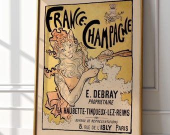 Vintage Champagne Cat Poster, Art Nouveau Decor, Quirky Kitchen Wall Art (Digital Download)