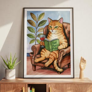 Eat. Purr. Puke. — Funny Cat Poster, Printable Wall Art, Digital Download, Cat with Wine, Reading Cat Art, Cat Humor Decor, Cat Lover Gift