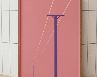 Minimalistische Stromleitungen Poster, rosa Sonnenuntergang Landschaft, Telegraphenmast Druck (Digital Download)