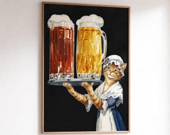 Vintage Wirtshaus Katze Print, Retro Bier Maid Art, Oktoberfest Feline Poster (Digitaler Download)
