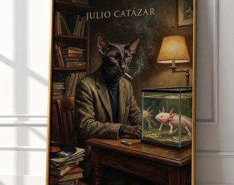 Julio Catázar Print | Surreal Literary Cat | Vintage Dark Academia | Parisian Jazz Vibe | Writer Gift Idea | Moody Wall Art with Axolotl