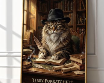 Terry Purratchett Druck | Sir Terry Pratchett Katzen Porträt | Klassisches Ölgemälde | Magische Bibliothek Dekor | Getigerte Katze mit Hut & Brille