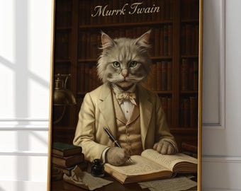 Murrk Twain Portrait | Mark Twain Katzen Kunst | Lustiger literarischer Druck | Schriftsteller Geschenk | Katze mit Brille | Bibliothek Dekor | Digitaler Download