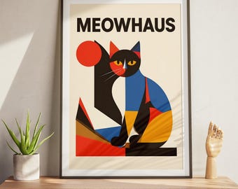 Bauhaus Katze Poster Meowhaus geometrischer Wandkunst moderner abstrakter Druck