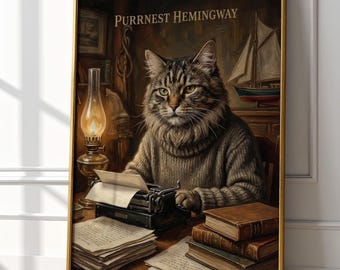 Purrnest Hemingway Portrait | Ernest Hemingway Katzenkunst | Der alte Mann und das Meer Poster | Schreiber Geschenk | Digitaler Download