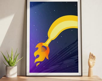 Banana Rocket Print |  Pop Art Kitchen Decor | Minimalist Nursery Wall Art | Colorful Food Illustration | Quirky Rocket Ship Poster